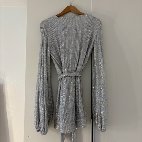 House of CB London Sequin Wrap Mini Dress – Silver, Size Small - Picture 2 of 5